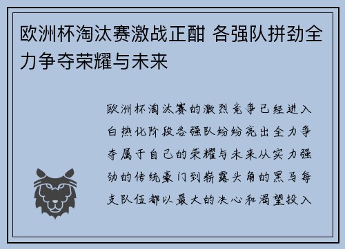 欧洲杯淘汰赛激战正酣 各强队拼劲全力争夺荣耀与未来