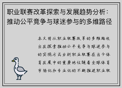 职业联赛改革探索与发展趋势分析：推动公平竞争与球迷参与的多维路径
